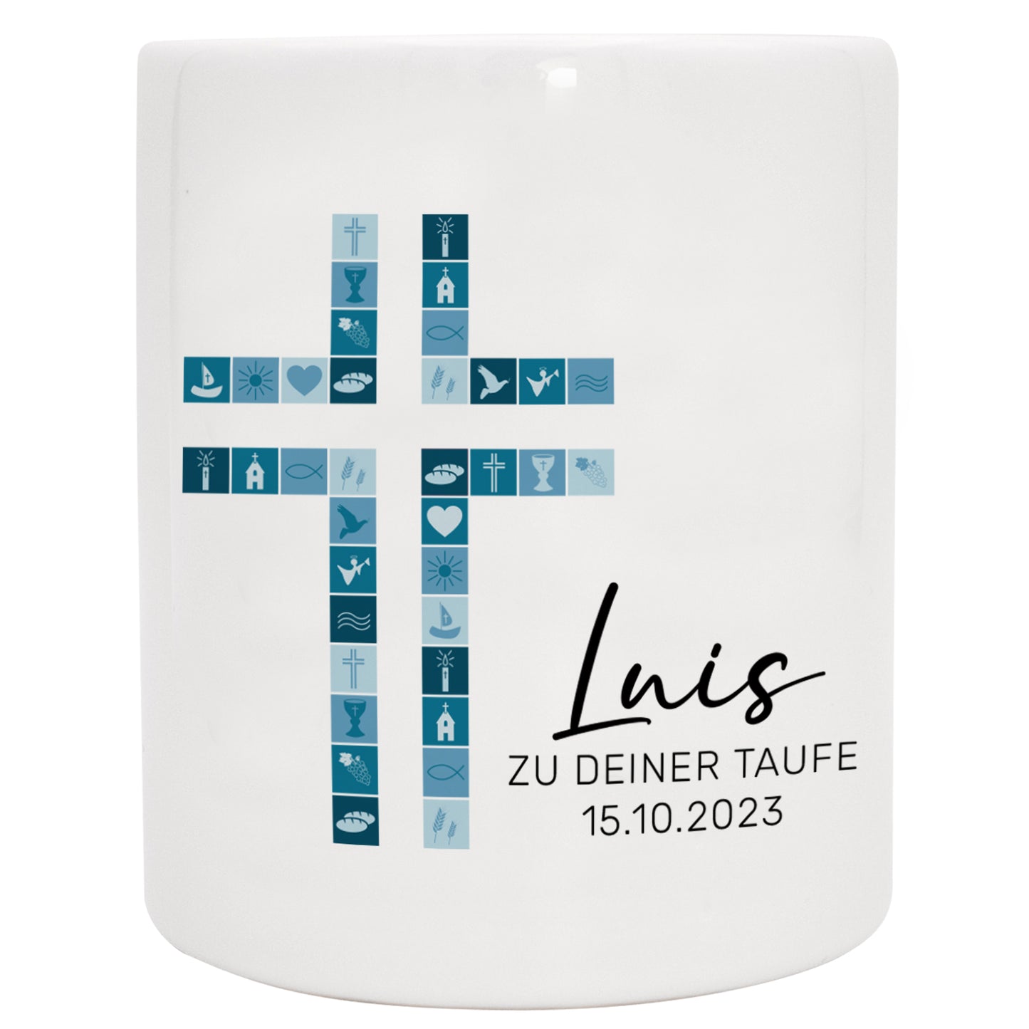 Keramik Spardose mit Name, Datum + Anlass | Kreuz blau