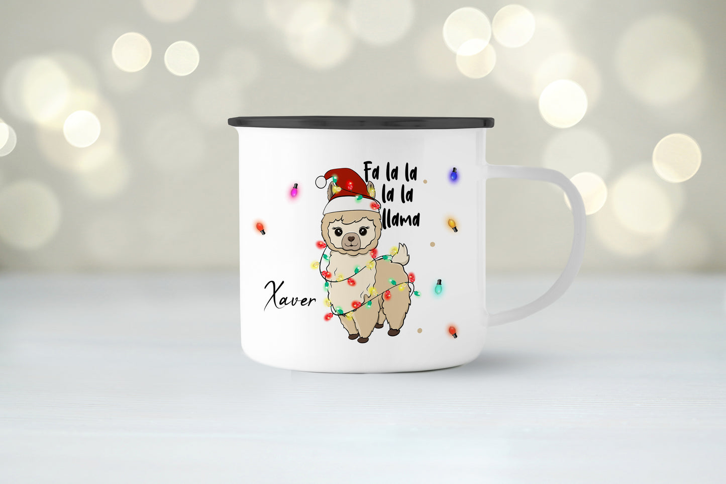 Emaille Tasse mit Name | Lama Lichterkette
