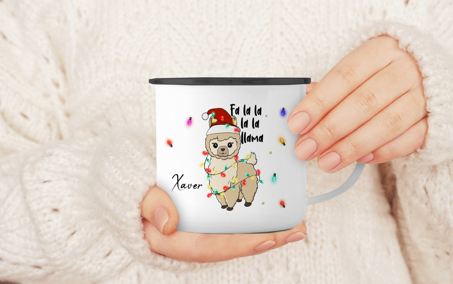 Emaille Tasse mit Name | Lama Lichterkette