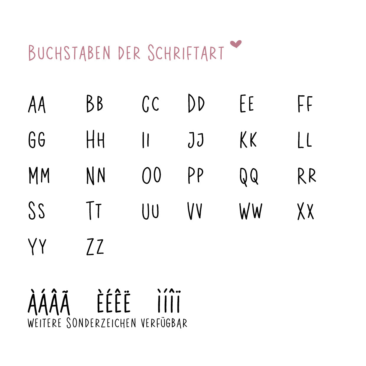 Darstellung der Schriftart für die Namenspersonalisierung mit allen Buchstaben, Umlauten und Sonderzeichen auf weißem Hintergrund