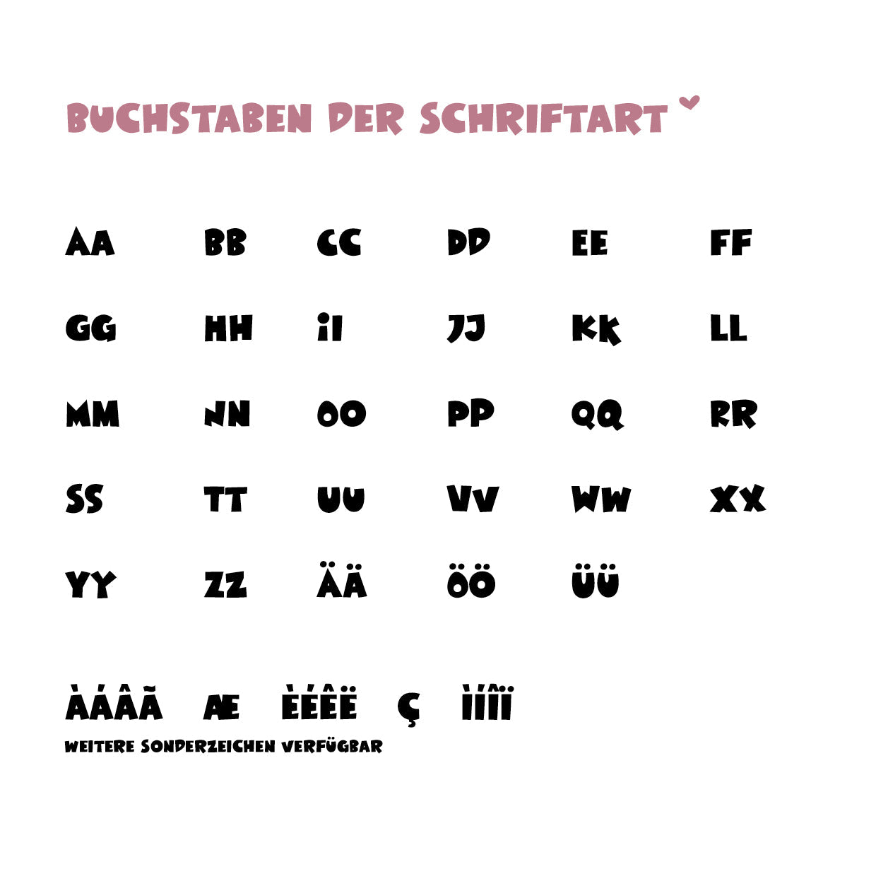 Darstellung der Schriftart für die Namenspersonalisierung mit allen Buchstaben, Umlauten und Sonderzeichen auf weißem Hintergrund