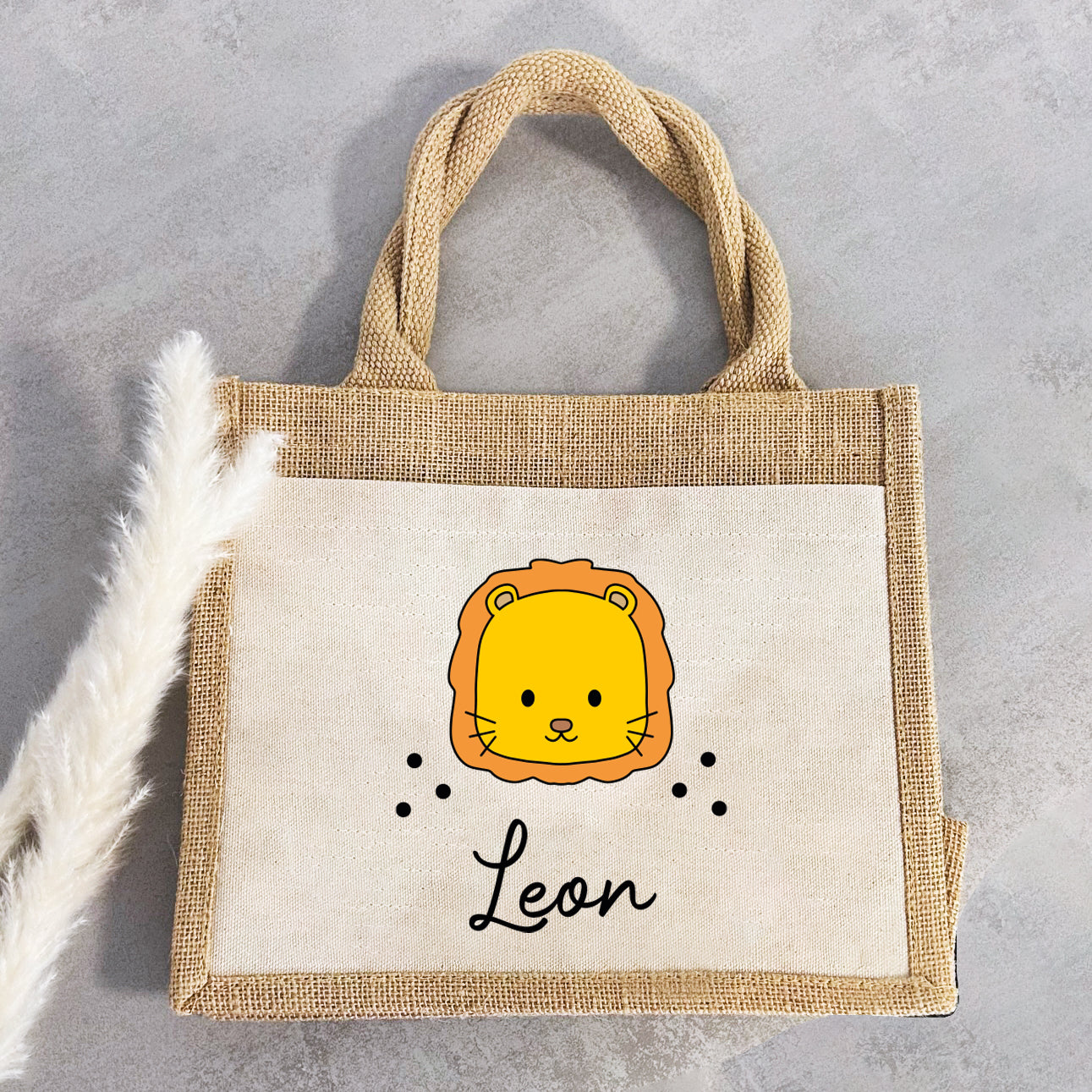 Jute Pocket Tasche mit Namen | Löwe
