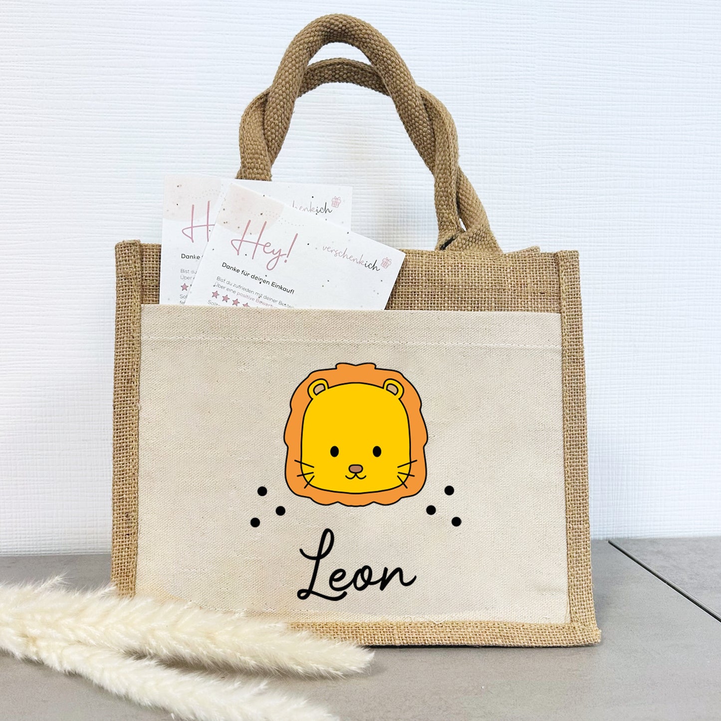 Jute Pocket Tasche mit Namen | Löwe