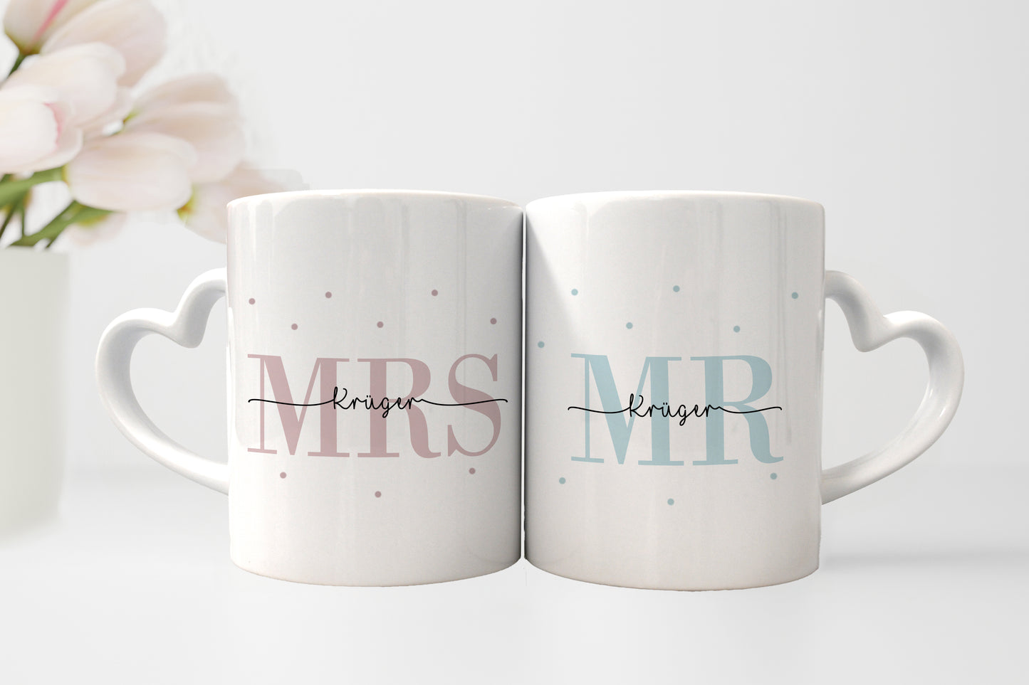 Keramik Herzhenkel Tassen-Set mit Namen + Datum | Mrs + Mr