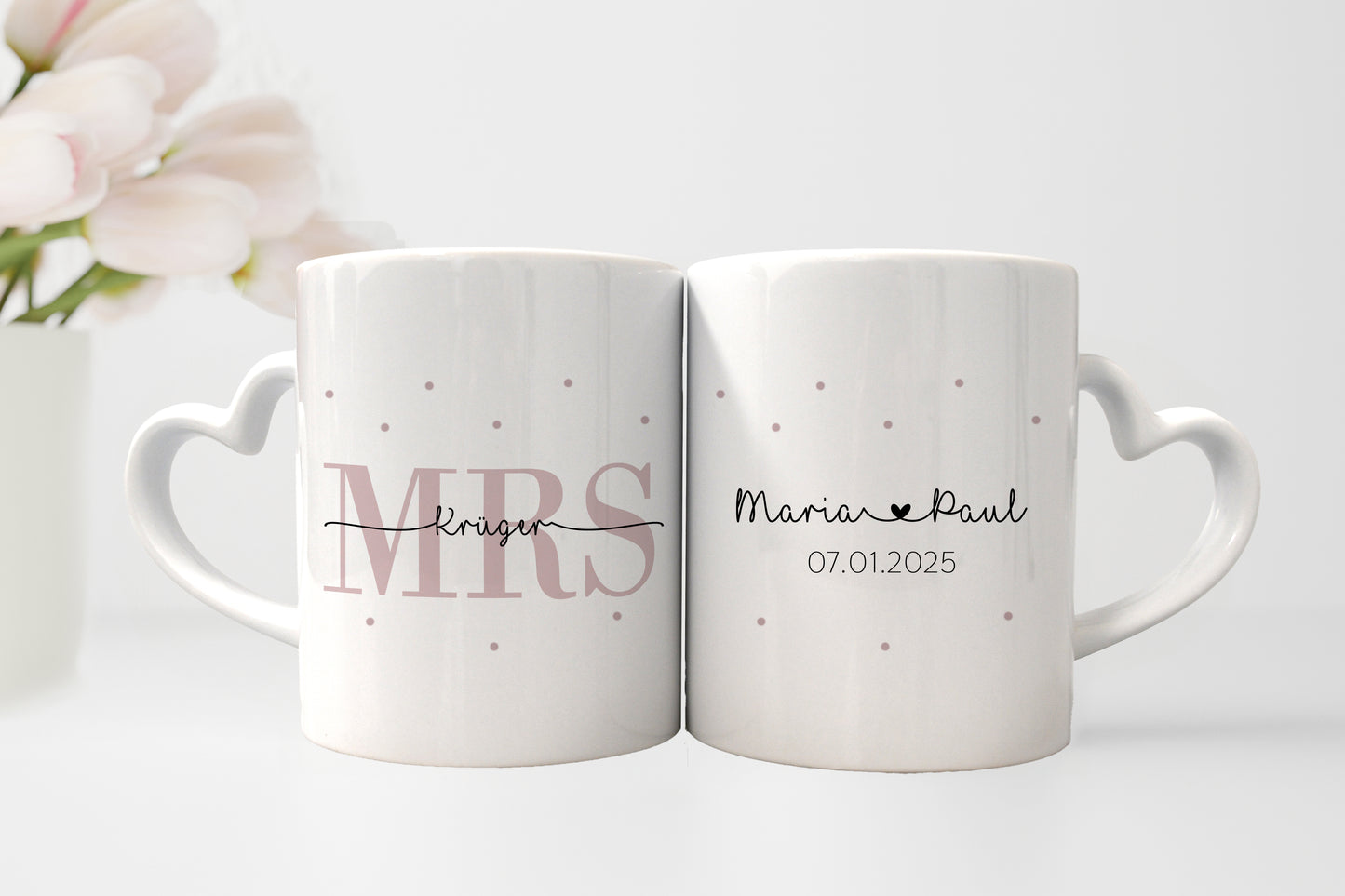 Keramik Herzhenkel Tassen-Set mit Namen + Datum | Mrs + Mr