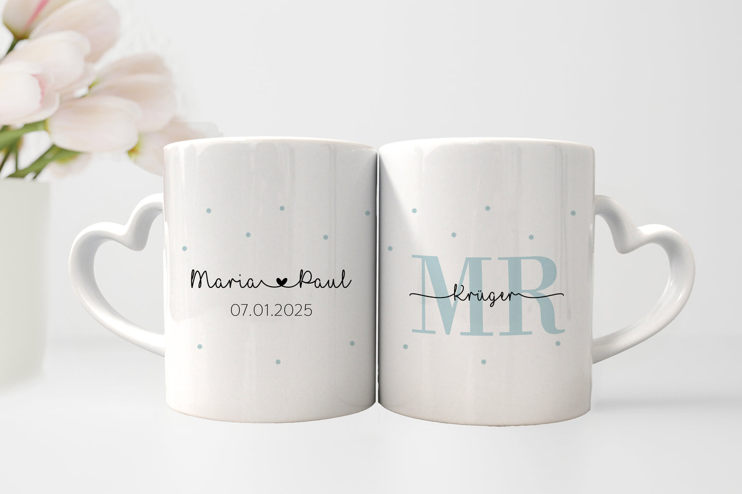 Keramik Herzhenkel Tassen-Set mit Namen + Datum | Mrs + Mr