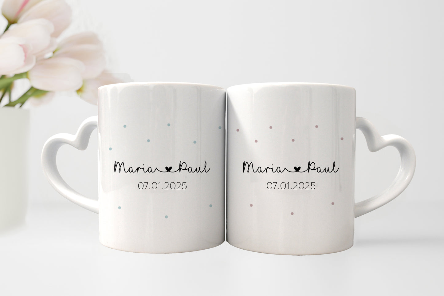 Keramik Herzhenkel Tassen-Set mit Namen + Datum | Mrs + Mr