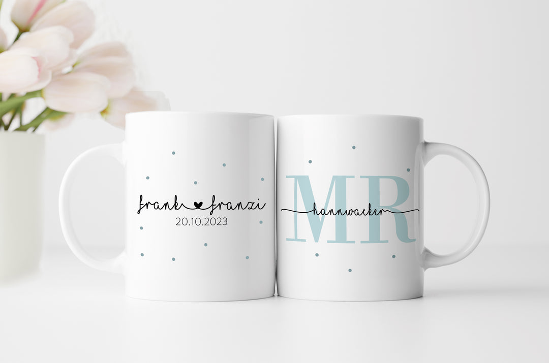Personalisiertes Tassen Set | Mrs + Mr | mit Wunschnamen und Datum | Geschenk für Hochzeit, Heirat, Verlobung und Jahrestag der Eheleute