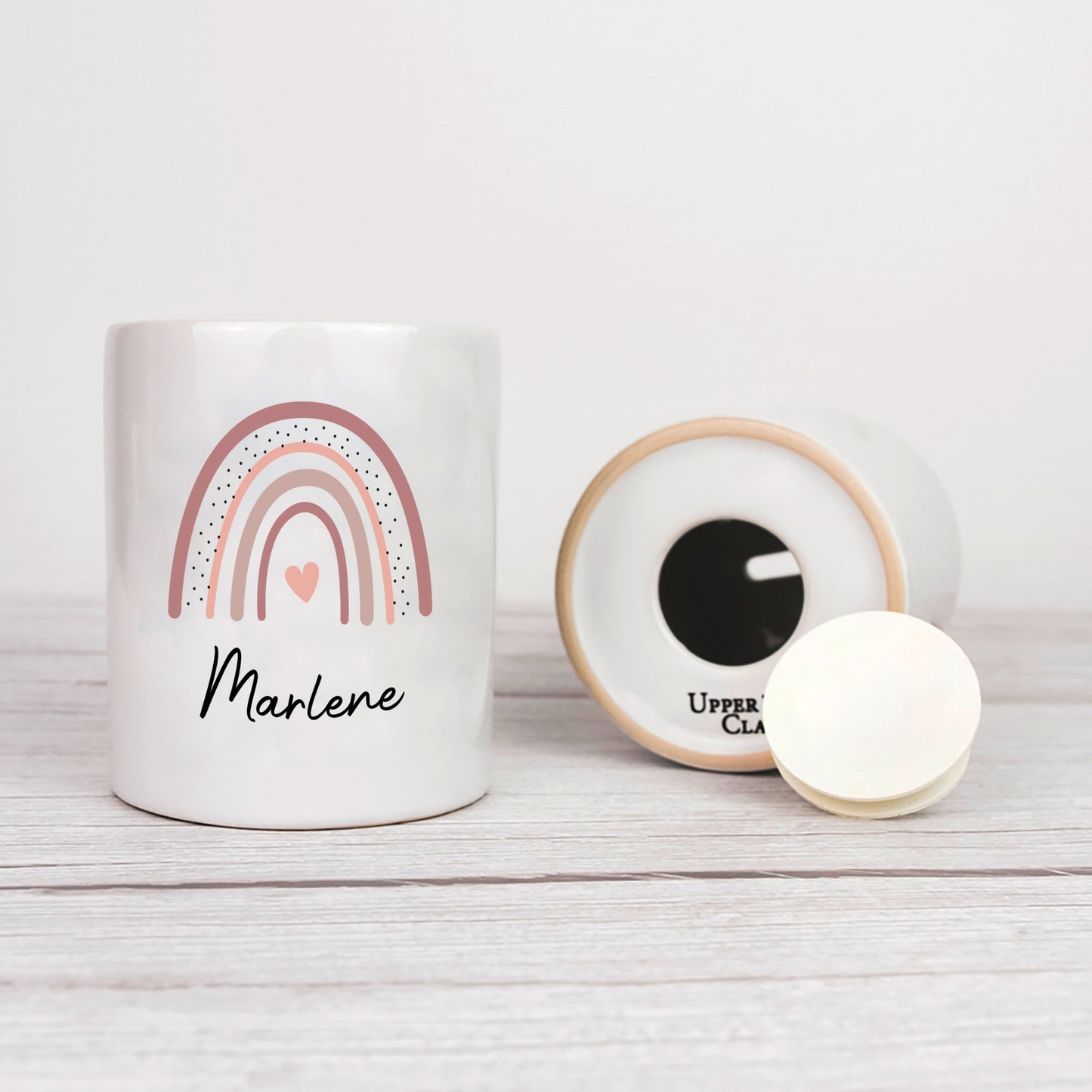 Keramik Spardose mit Name | Regenbogen altrosa- rosa