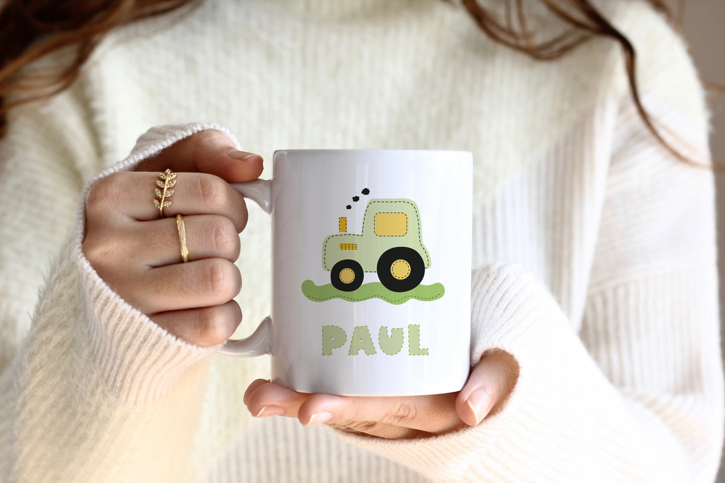 Keramik Tasse mit Namen | Traktor grün