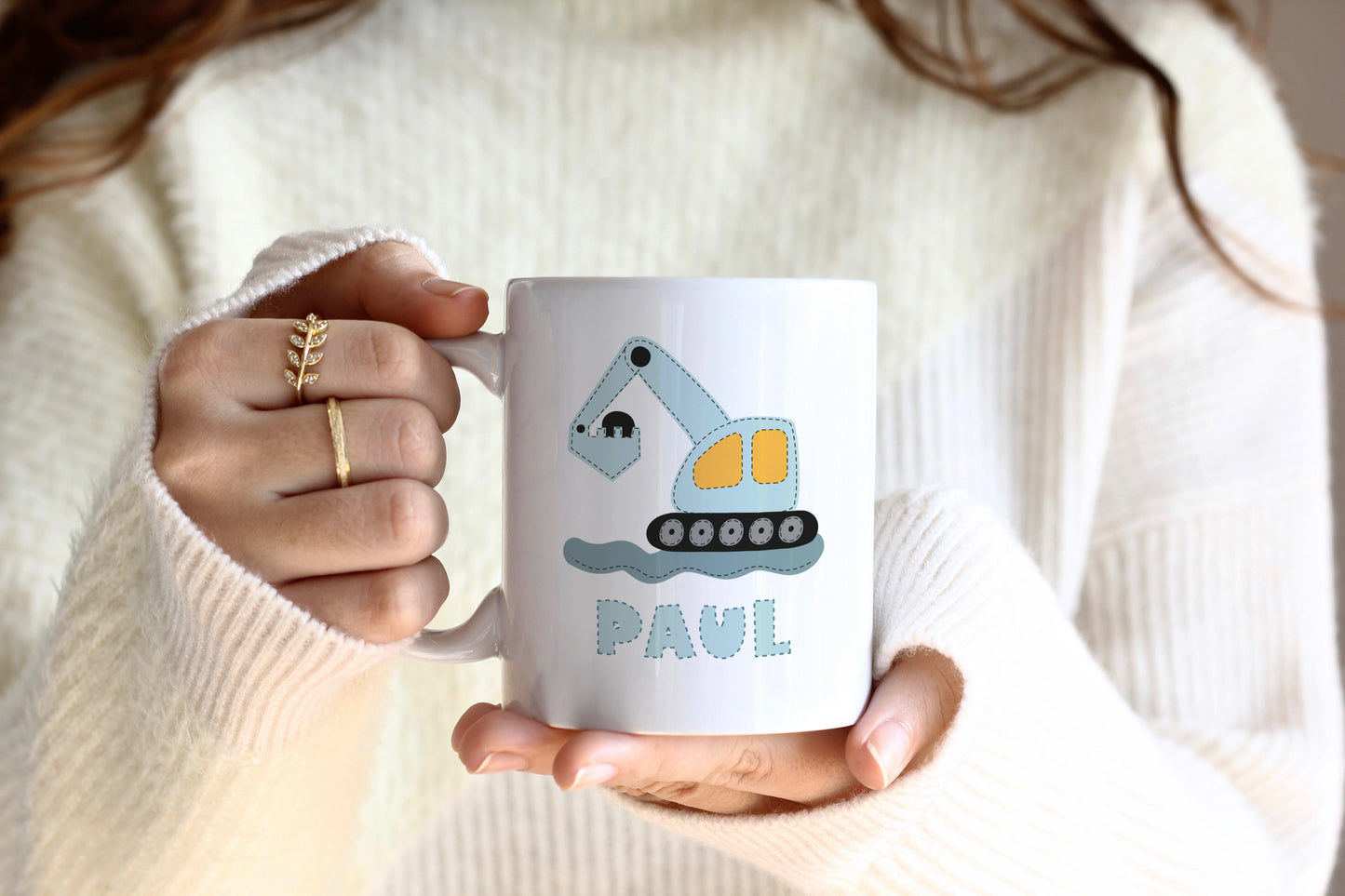 Keramik Tasse mit Namen | Bagger blau