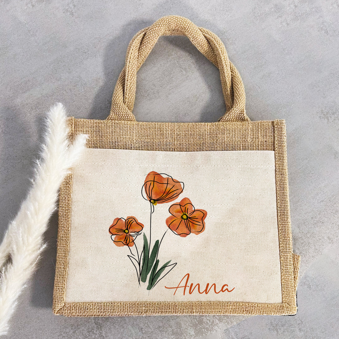 Personalisierte Jute Pocket Tasche | mit Wunschnamen | Frühling | Mohnblumen | an Blumen erfreuen | auch als Geschenktasche