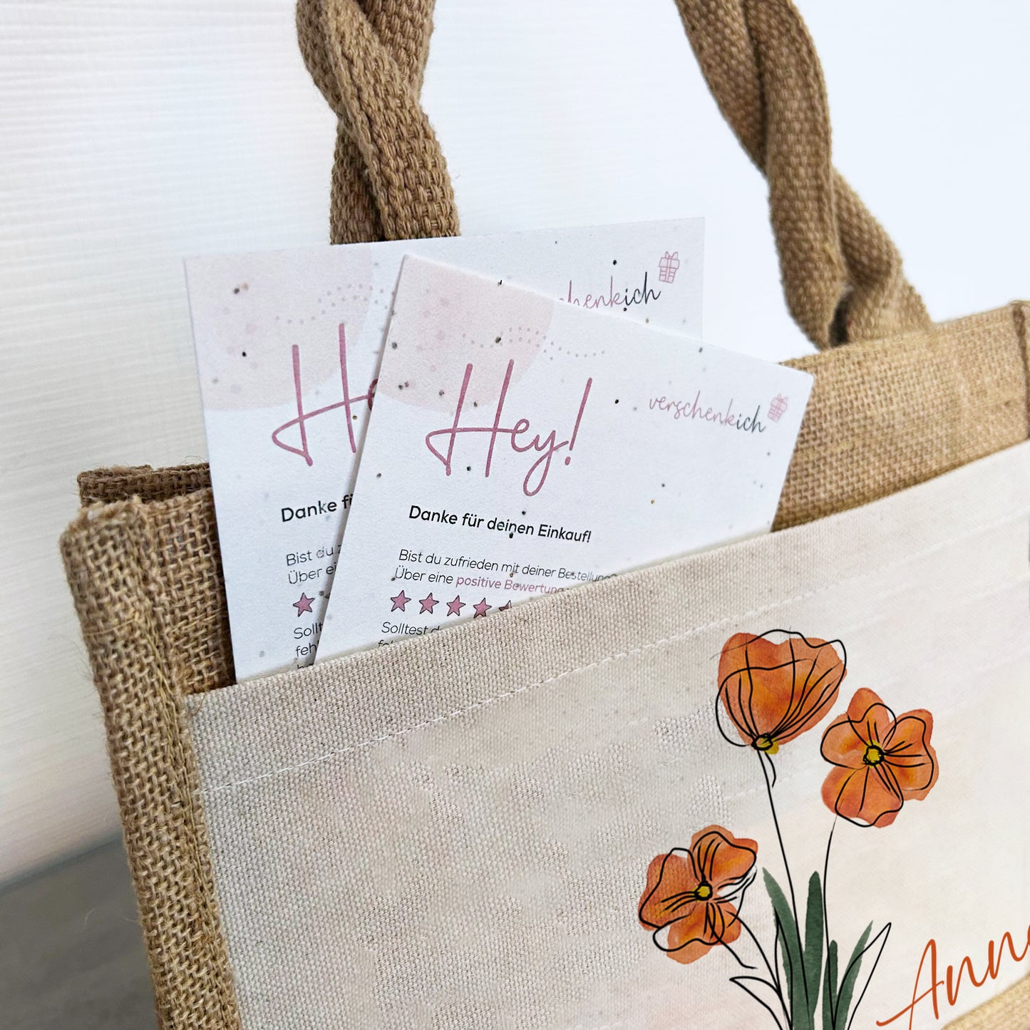 Jute Pocket Tasche mit Namen | Mohnblumen