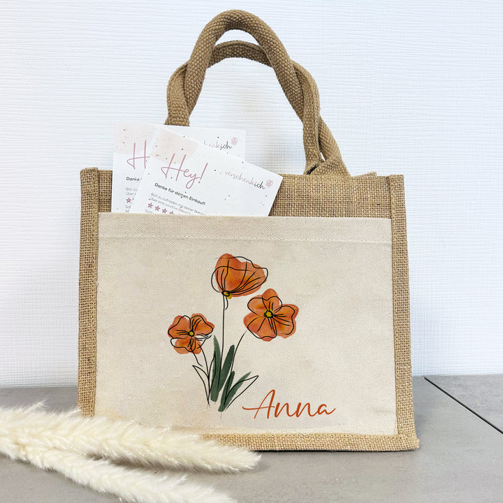 Personalisierte Jute Pocket Tasche | mit Wunschnamen | Frühling | Mohnblumen | an Blumen erfreuen | auch als Geschenktasche