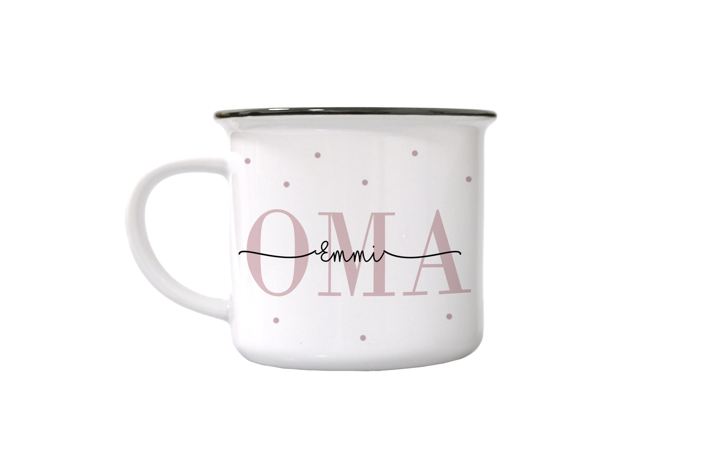 Personalisierte Tasse im Emaille-Look | Kaffeetasse für Oma | mit Enkelkind Namen | Keramik | nostalgische Geschenkidee | Geburtstag