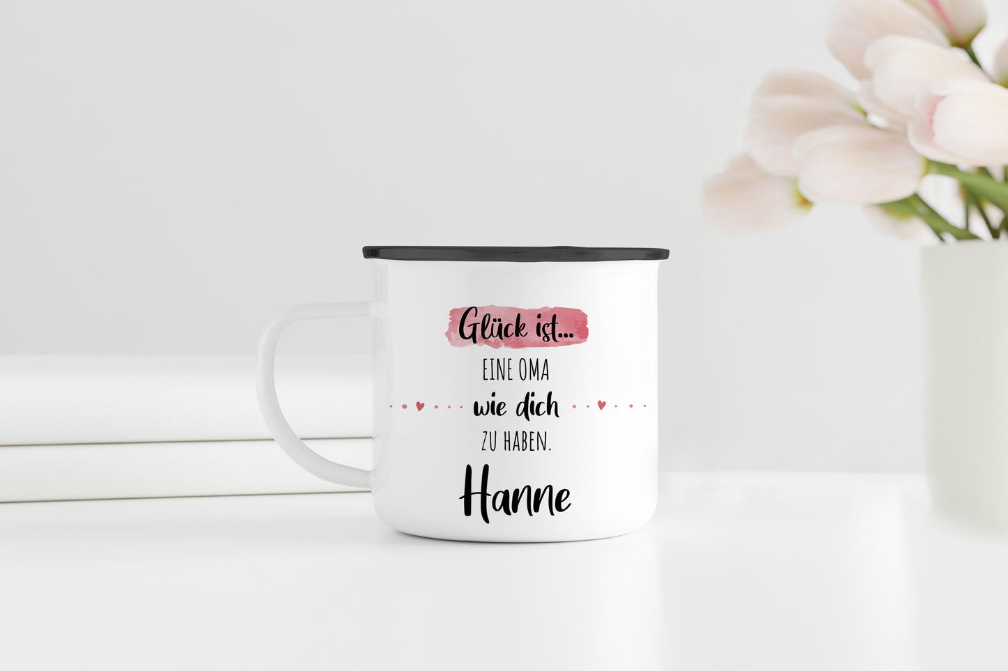 Emaille Tasse mit Namen | Glück ist eine Oma wie dich zu haben