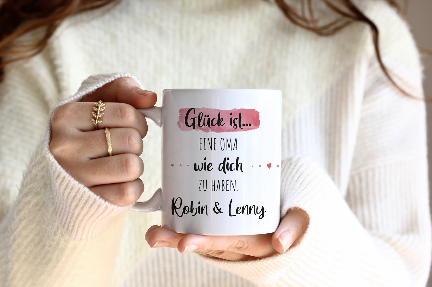Oma | Kaffeetasse | Glück ist eine wie dich zu haben | Tasse mit Wunschnamen personalisiert | Geschenk | weiß oder Henkel+Innen rosa