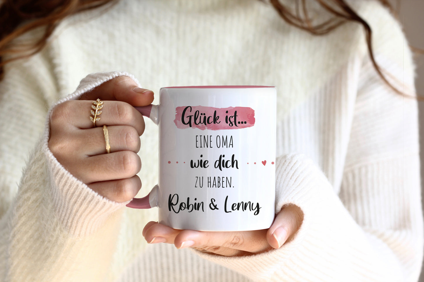 Oma | Kaffeetasse | Glück ist eine wie dich zu haben | Tasse mit Wunschnamen personalisiert | Geschenk | weiß oder Henkel+Innen rosa
