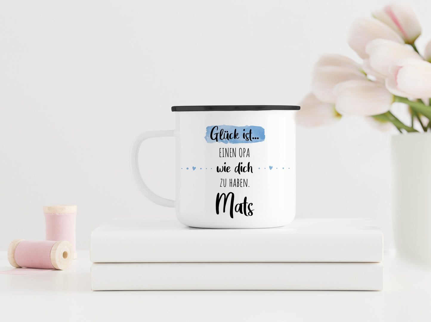 Emaille Tasse mit Namen | Glück ist einen Opa wie dich zu haben