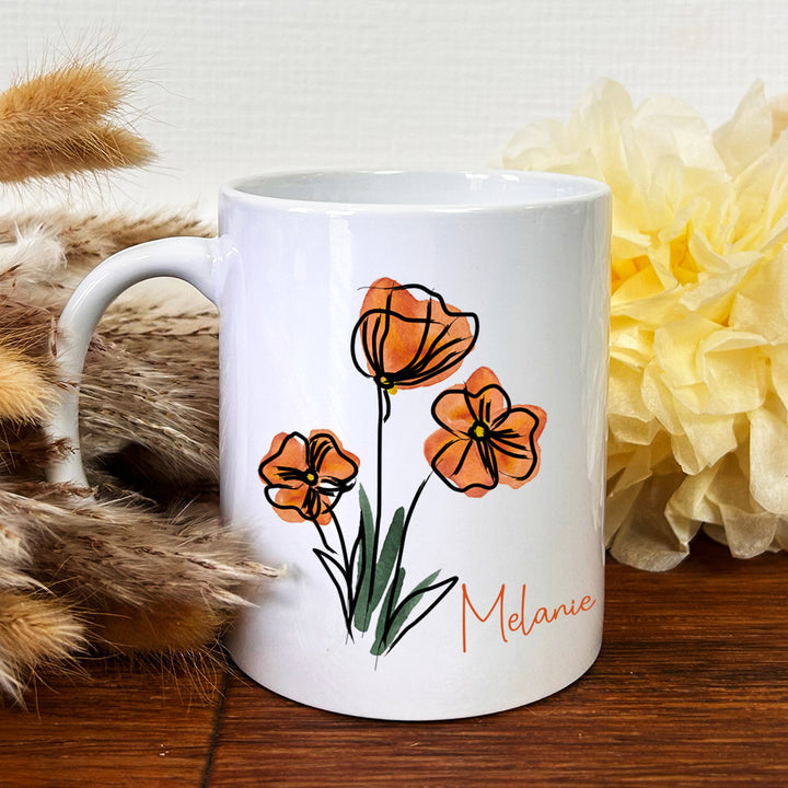 Personalisierte Tasse | mit Wunschnamen | Frühling | Mohnblumen | beim Kaffee an Blumen erfreuen