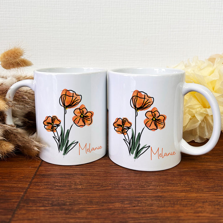 Personalisierte Tasse | mit Wunschnamen | Frühling | Mohnblumen | beim Kaffee an Blumen erfreuen