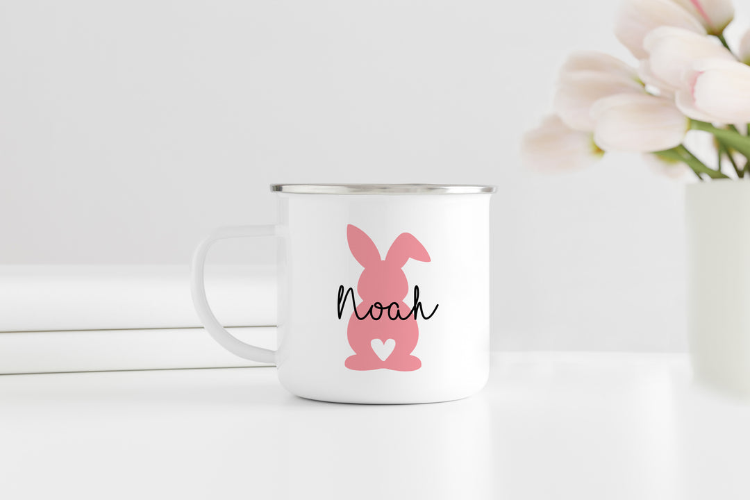Personalisierter Emaille Becher | mit Wunschnamen | Hase rosa | Ostern | Rand silber | Kaffeetasse als Geschenk und Ostergruß