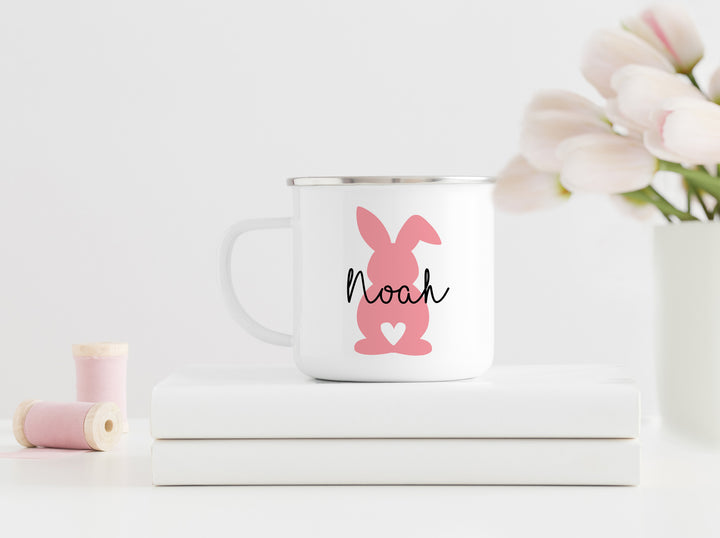 Personalisierter Emaille Becher | mit Wunschnamen | Hase rosa | Ostern | Rand silber | Kaffeetasse als Geschenk und Ostergruß