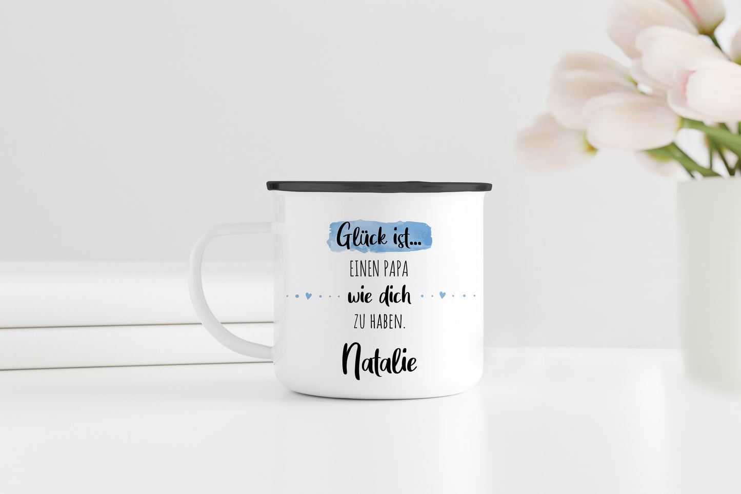 Papa | Emaille Kaffeebecher personalisiert | Glück ist einen wie dich zu haben | Tasse mit Name | Geschenk | Rand silber oder schwarz