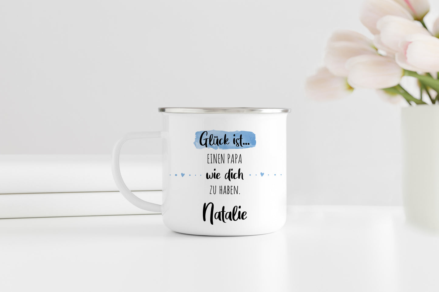 Papa | Emaille Kaffeebecher personalisiert | Glück ist einen wie dich zu haben | Tasse mit Name | Geschenk | Rand silber oder schwarz