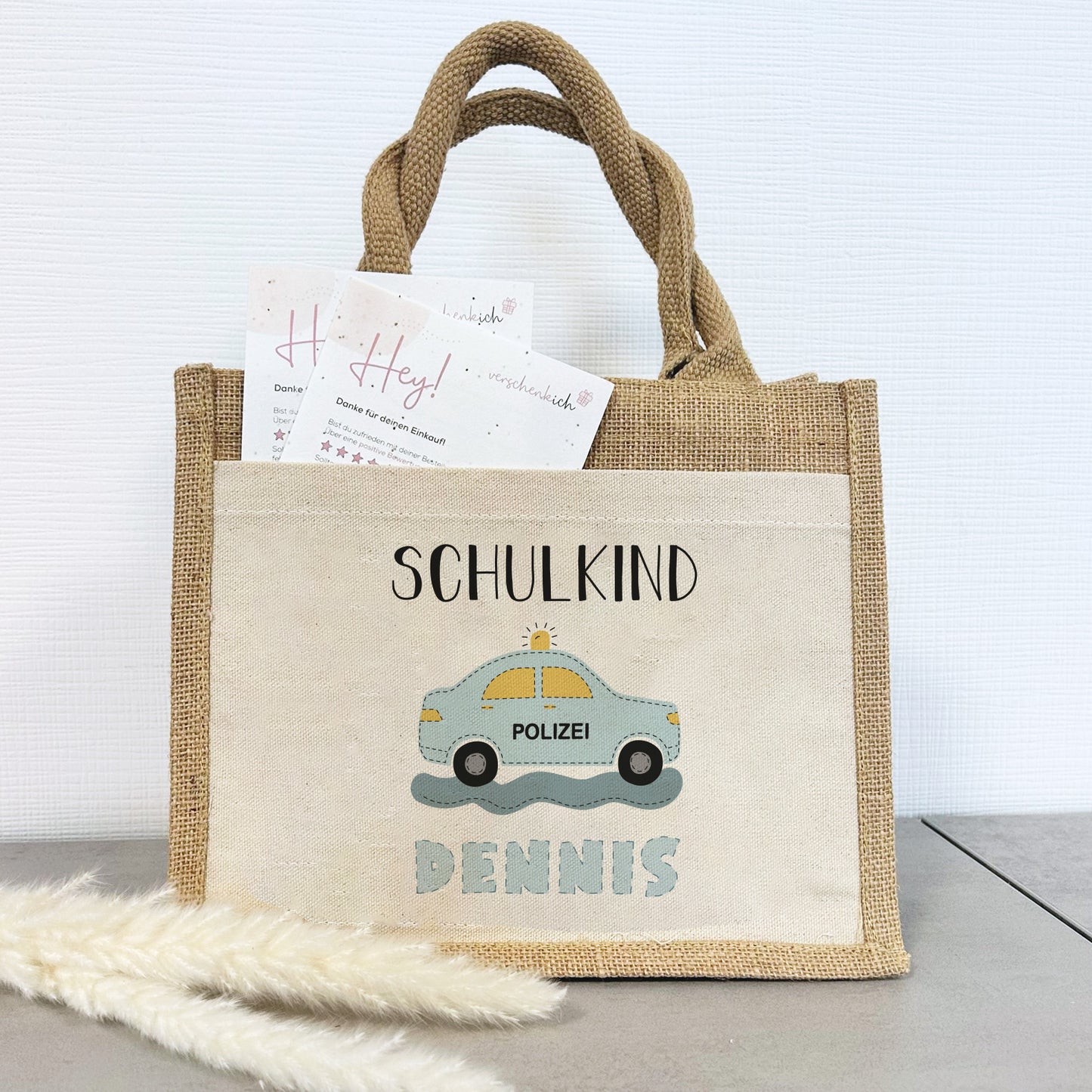 Einschulung | Personalisierte Jute Pocket Tasche | mit Wunschnamen | Schulkind Polizei | als Geschenktasche für Schulanfang
