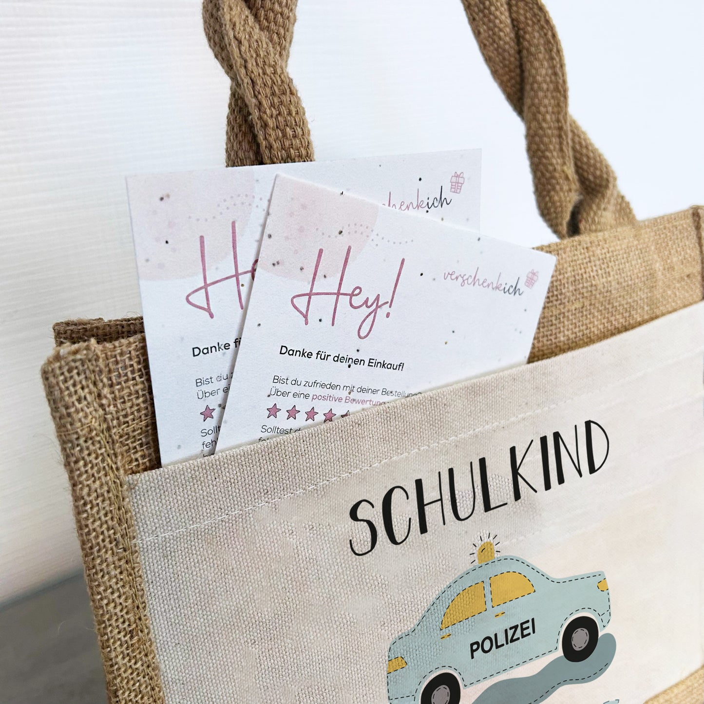 Einschulung | Personalisierte Jute Pocket Tasche | mit Wunschnamen | Schulkind Polizei | als Geschenktasche für Schulanfang