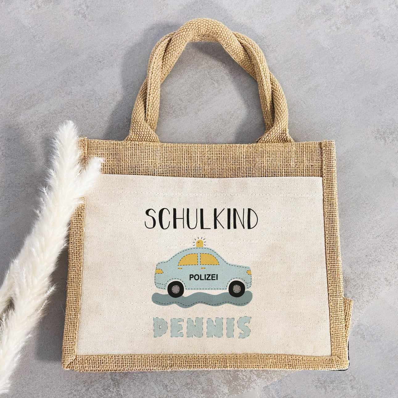 Einschulung | Personalisierte Jute Pocket Tasche | mit Wunschnamen | Schulkind Polizei | als Geschenktasche für Schulanfang