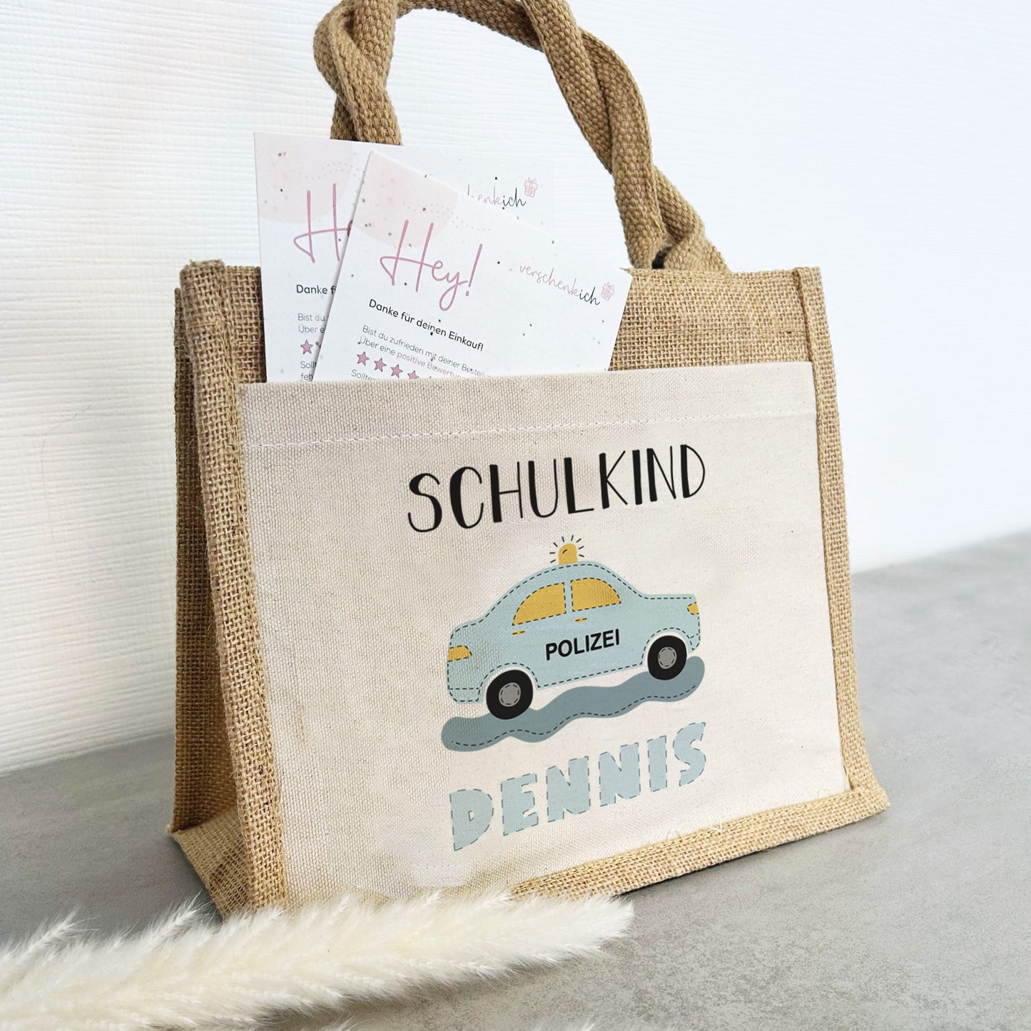 Einschulung | Personalisierte Jute Pocket Tasche | mit Wunschnamen | Schulkind Polizei | als Geschenktasche für Schulanfang