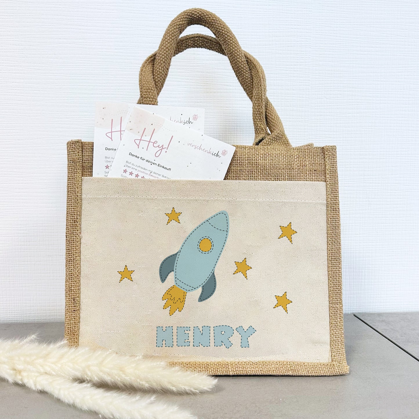 Personalisierte Jute Pocket Tasche | mit Wunschnamen | Fahrzeuge | Rakete | persönliches Geschenk für Kinder | auch als Geschenktasche