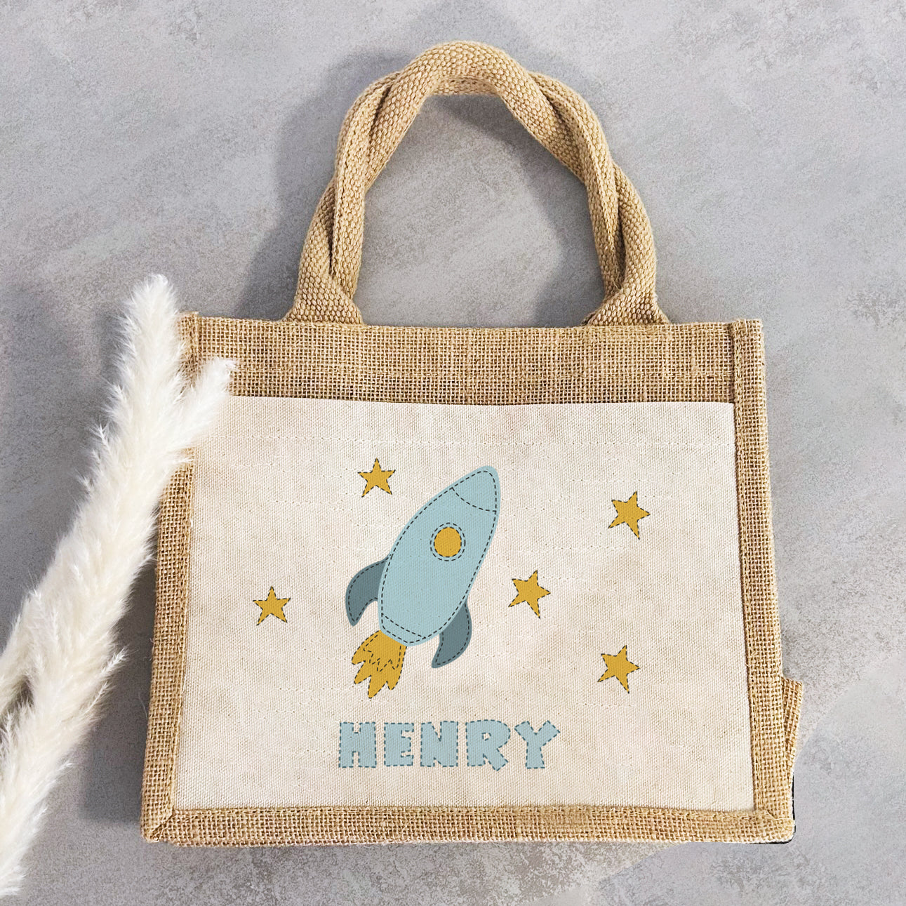 Personalisierte Jute Pocket Tasche | mit Wunschnamen | Fahrzeuge | Rakete | persönliches Geschenk für Kinder | auch als Geschenktasche