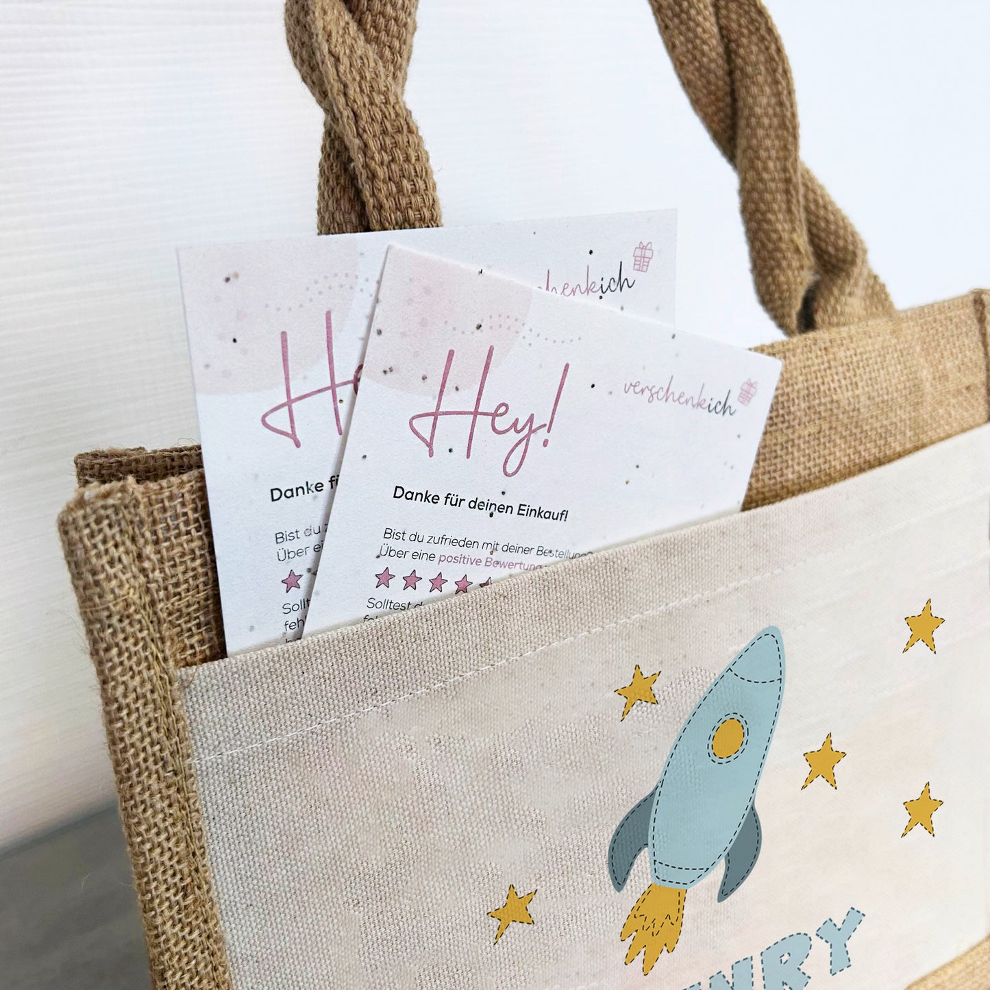 Personalisierte Jute Pocket Tasche | mit Wunschnamen | Fahrzeuge | Rakete | persönliches Geschenk für Kinder | auch als Geschenktasche
