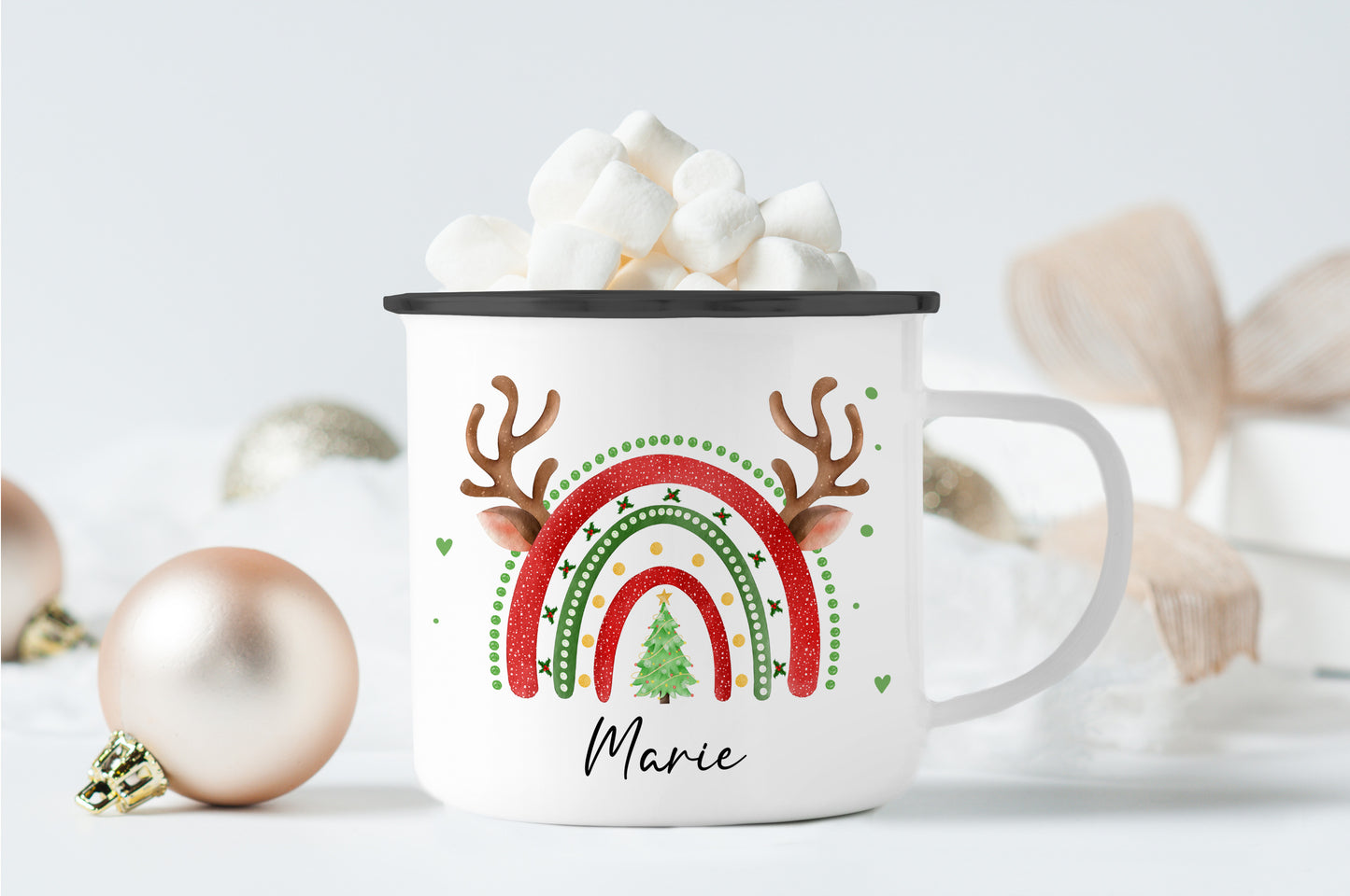 Emaille Tasse mit Name | Weihnachts- Regenbogen