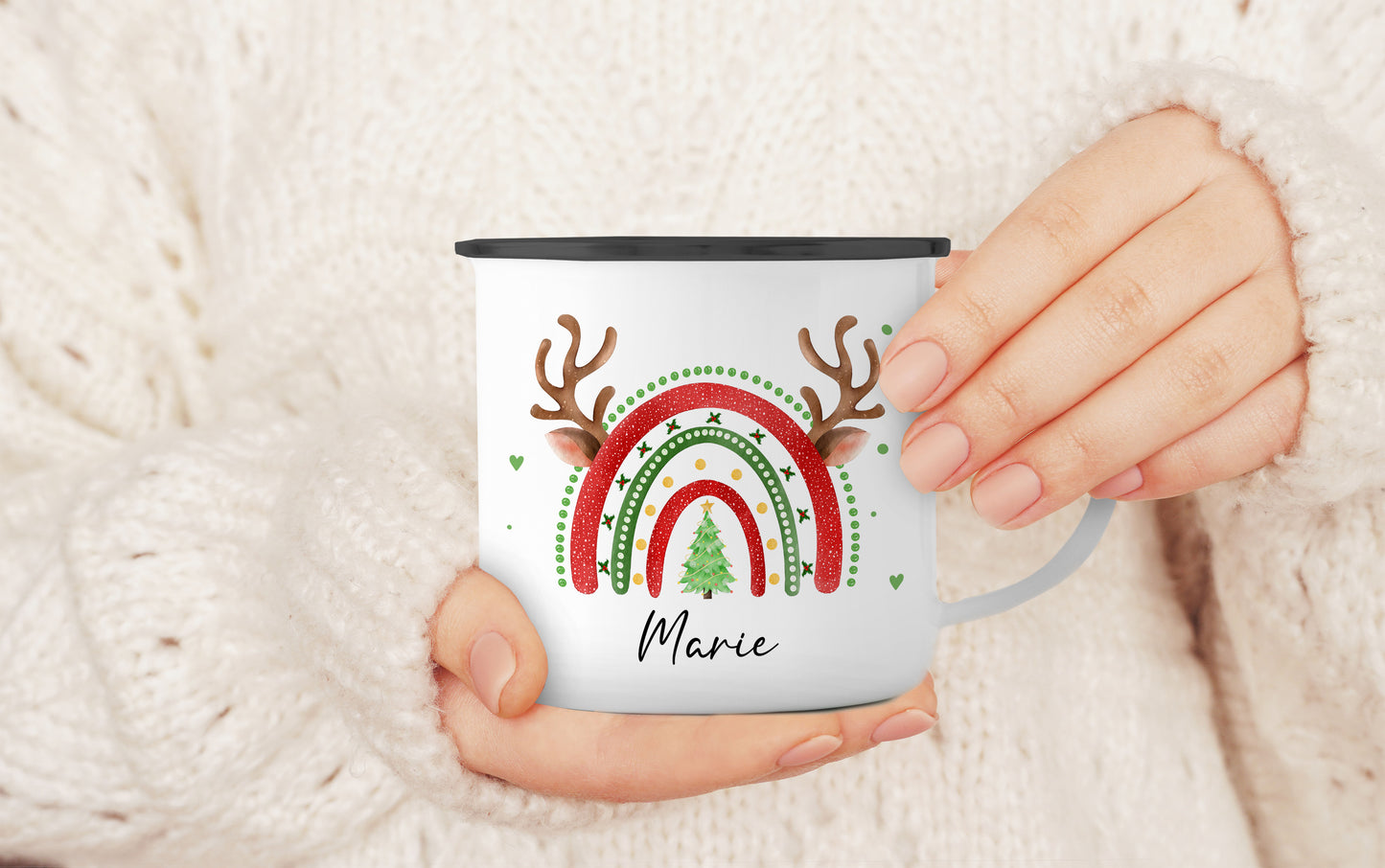 Emaille Tasse mit Name | Weihnachts- Regenbogen