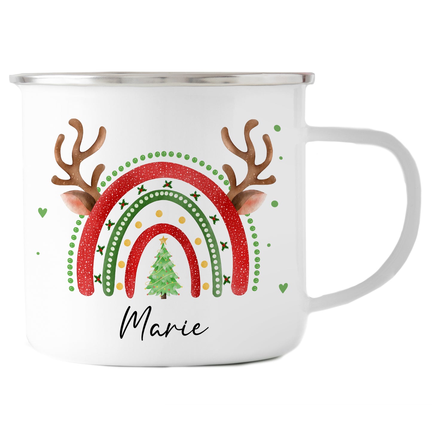 Emaille Tasse mit Name | Weihnachts- Regenbogen