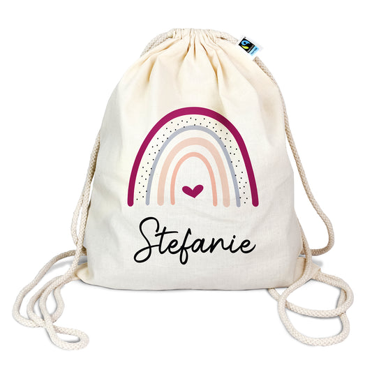 Turnbeutel aus Bio- Baumwolle mit Name | Regenbogen Herz