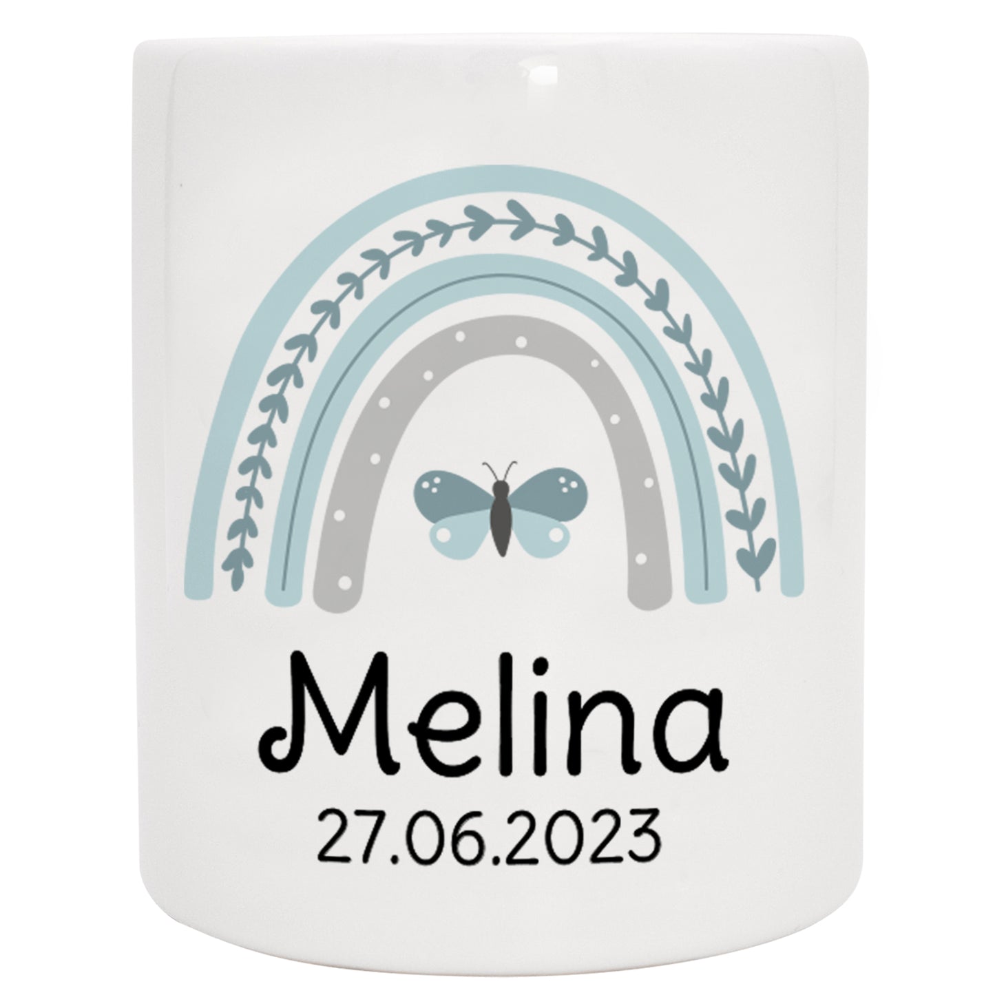 Keramik Spardose mit Name + Datum | Regenbogen mint