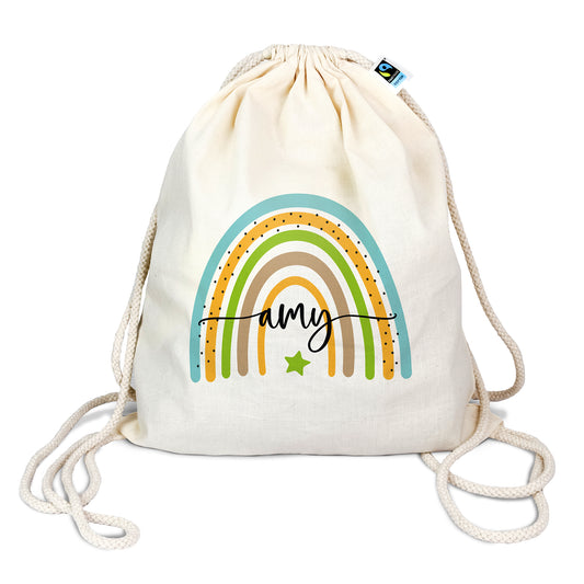 Turnbeutel aus Bio- Baumwolle mit Name | Regenbogen blau- grün