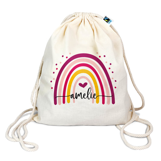 Turnbeutel aus Bio- Baumwolle mit Name | Regenbogen bunt