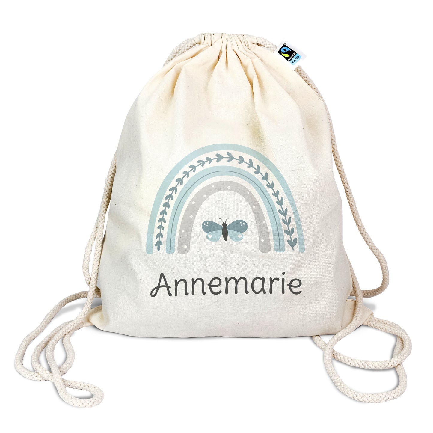 Turnbeutel aus Bio- Baumwolle mit Name | Regenbogen mint + Schmetterling
