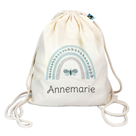 Turnbeutel aus Bio- Baumwolle mit Name | Regenbogen mint + Schmetterling