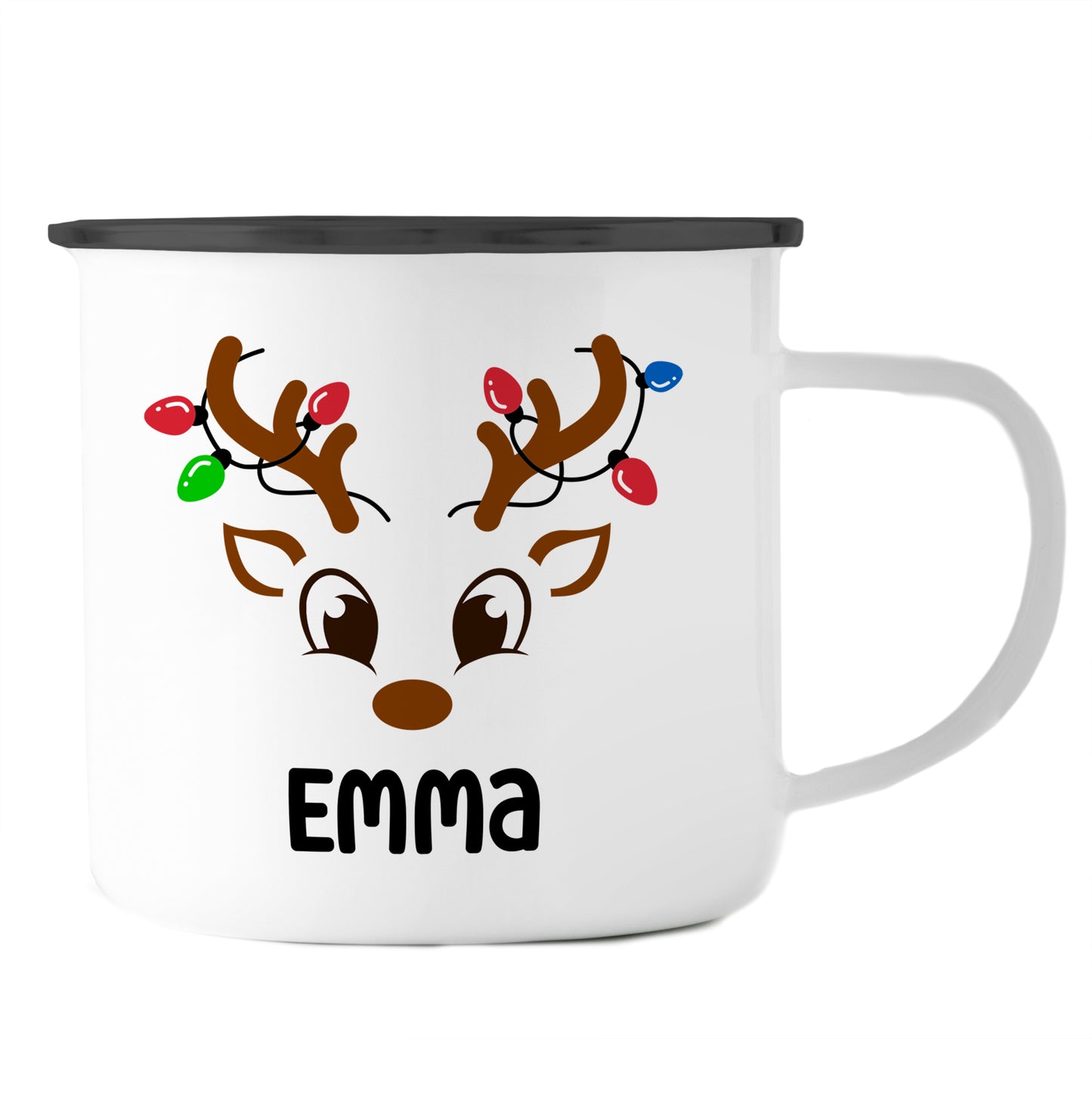 Emaille Tasse mit Name | Rentier mit Lichterkette
