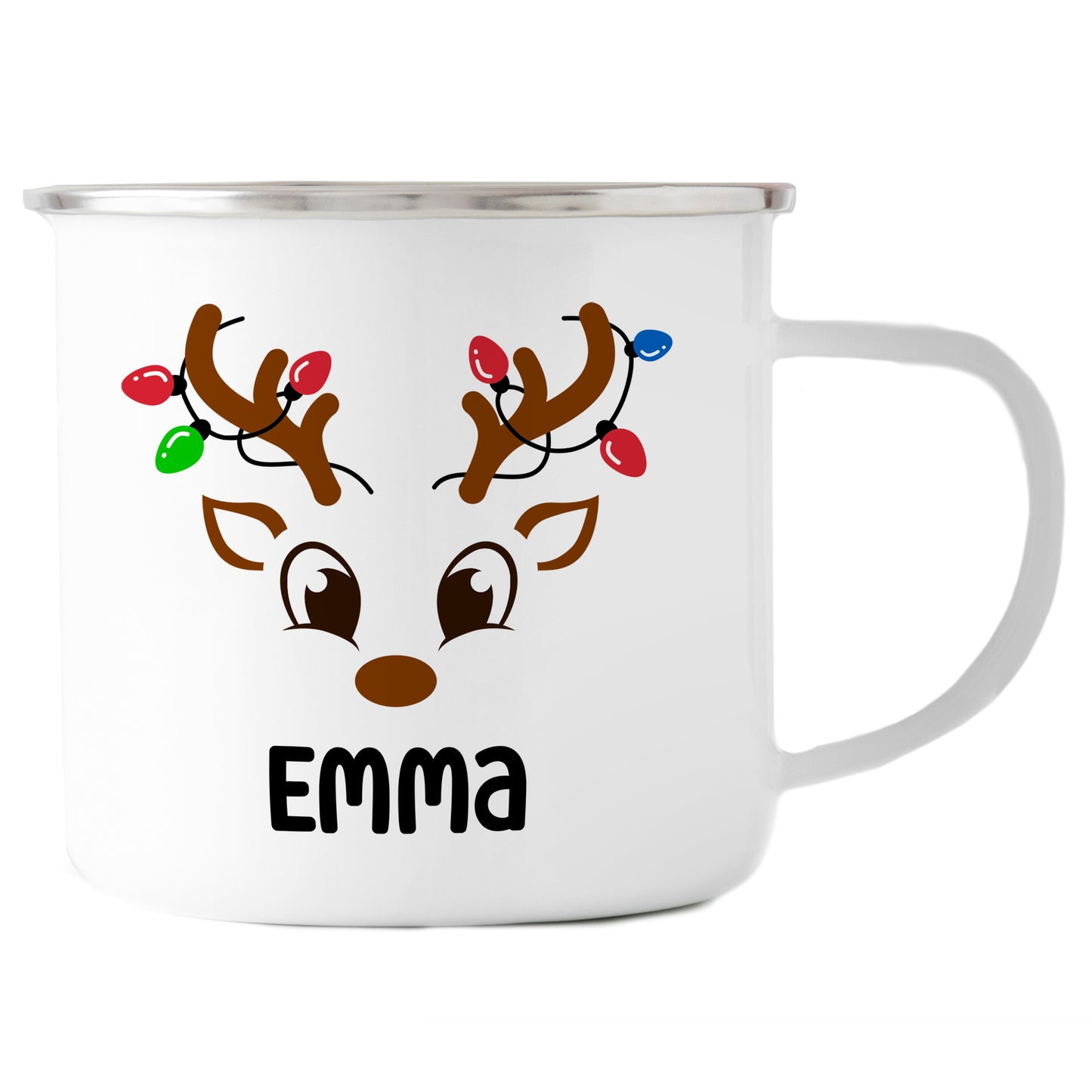 Emaille Tasse mit Name | Rentier mit Lichterkette