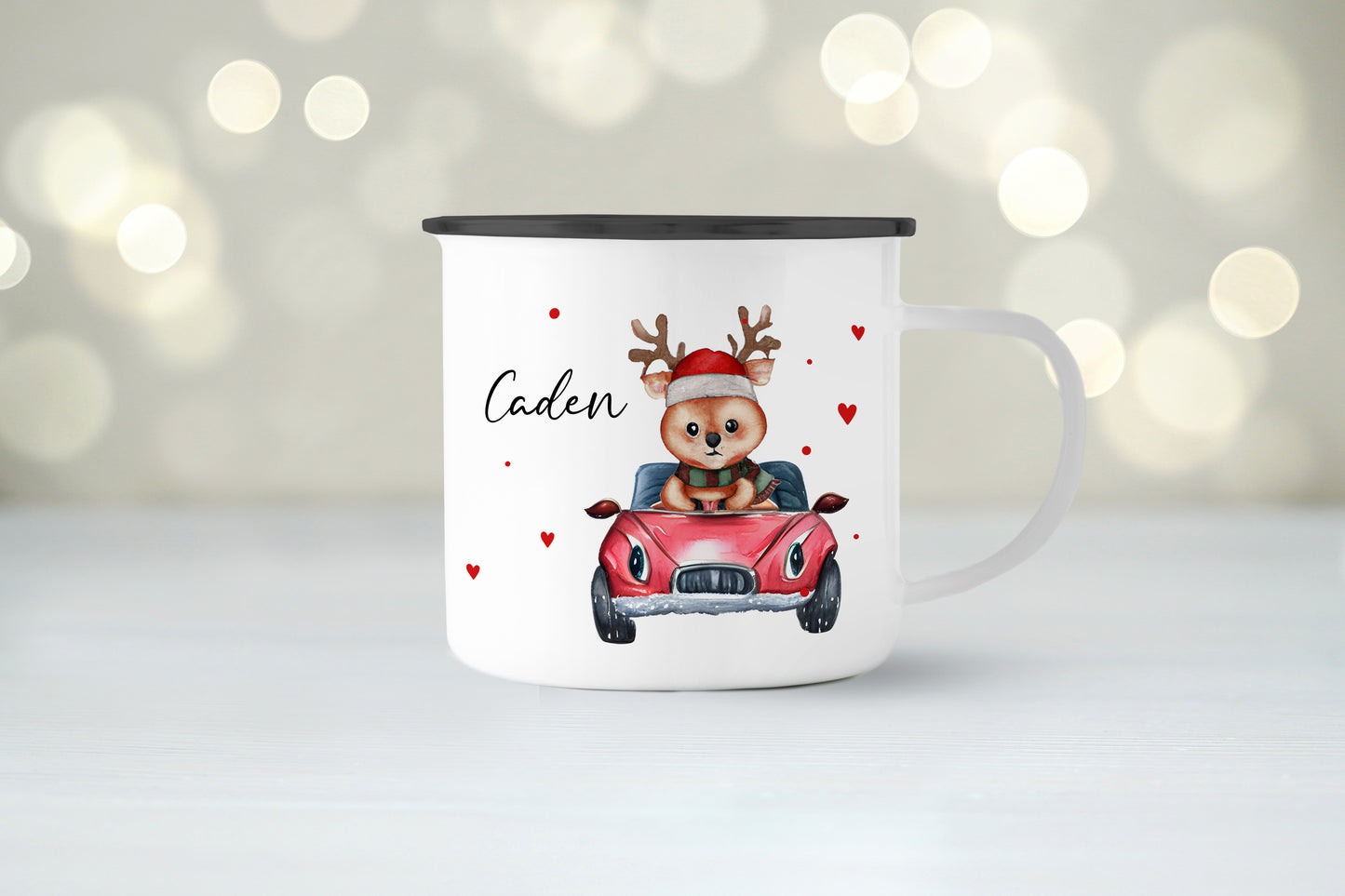 Emaille Tasse mit Name | Rentier im Auto