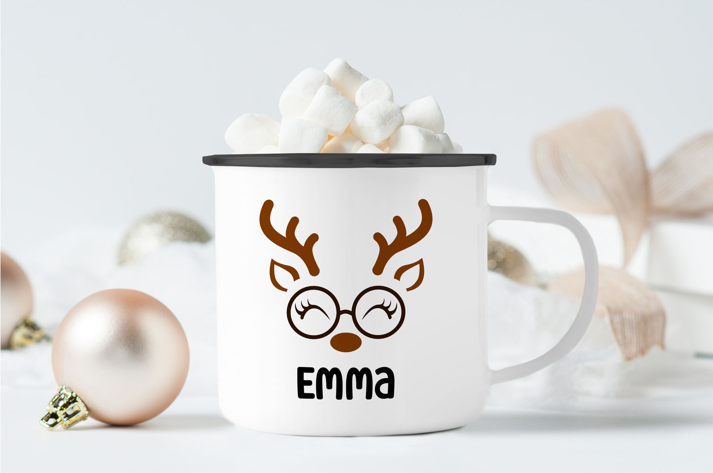 Emaille Tasse mit Name | Rentier mit Brille