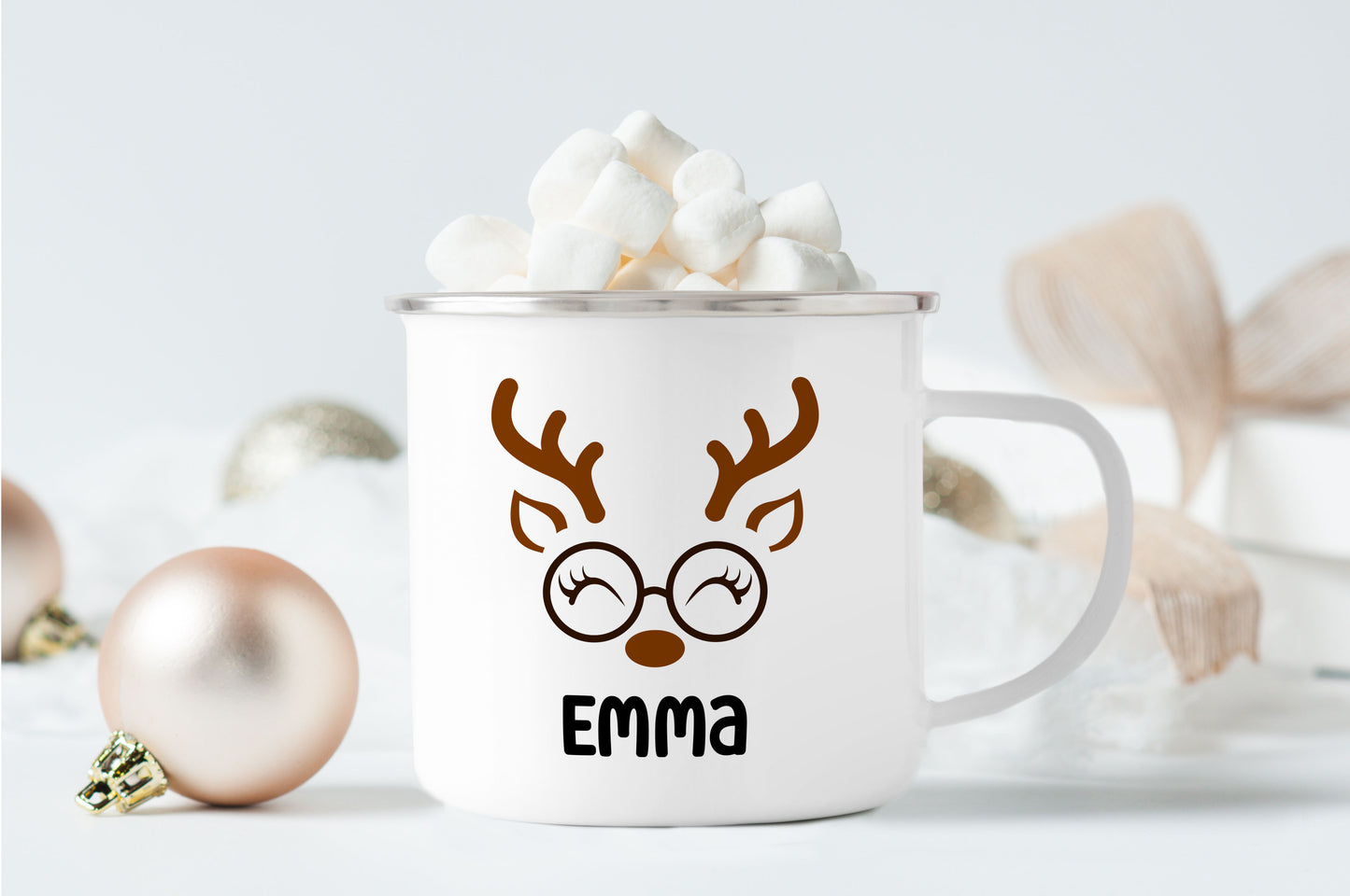 Emaille Tasse mit Name | Rentier mit Brille